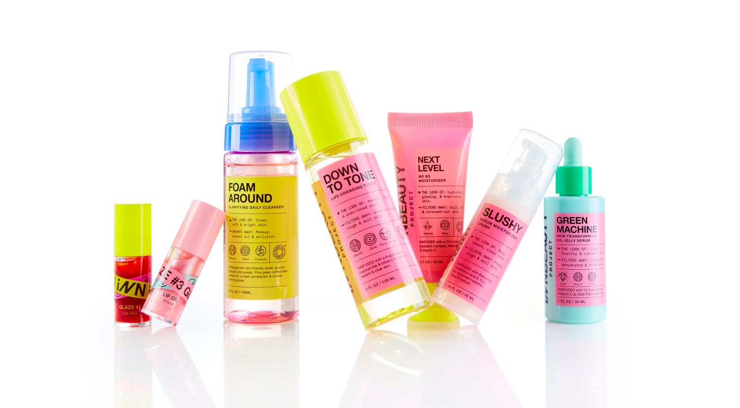 INNBEAUTY PROJECT skincare and beauty products including Foam Around cleanser, Down to Zone toner, Next Level moisturizer, Slushy serum, and Green Machine oil