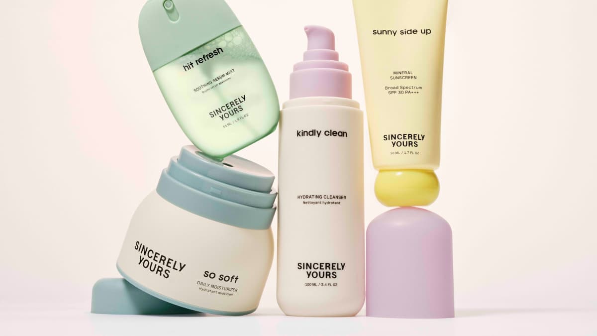 Sincerely Yours skincare products including hit refresh mist, kindly clean cleanser, so soft moisturizer, and sunny side up sunscreen