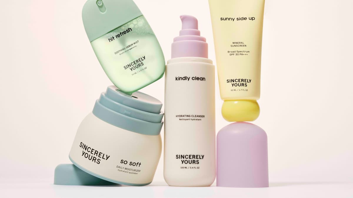 Sincerely Yours skincare products including hit refresh mist, kindly clean cleanser, so soft moisturizer, and sunny side up sunscreen